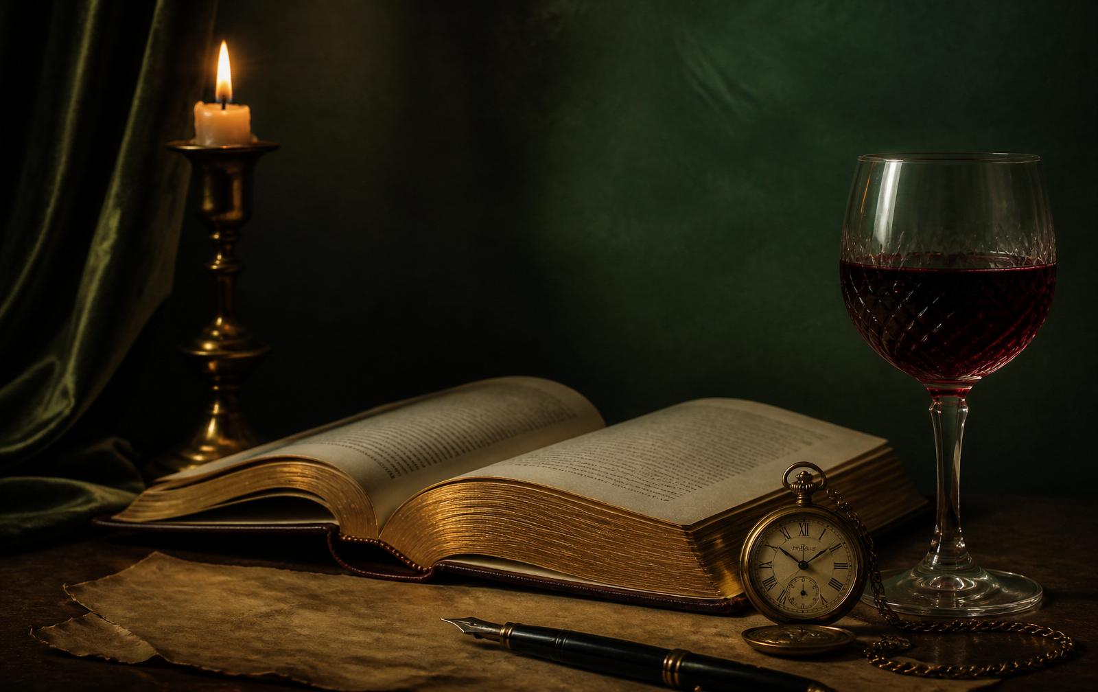Een open leren boek naast een glas Bourgondische wijn.